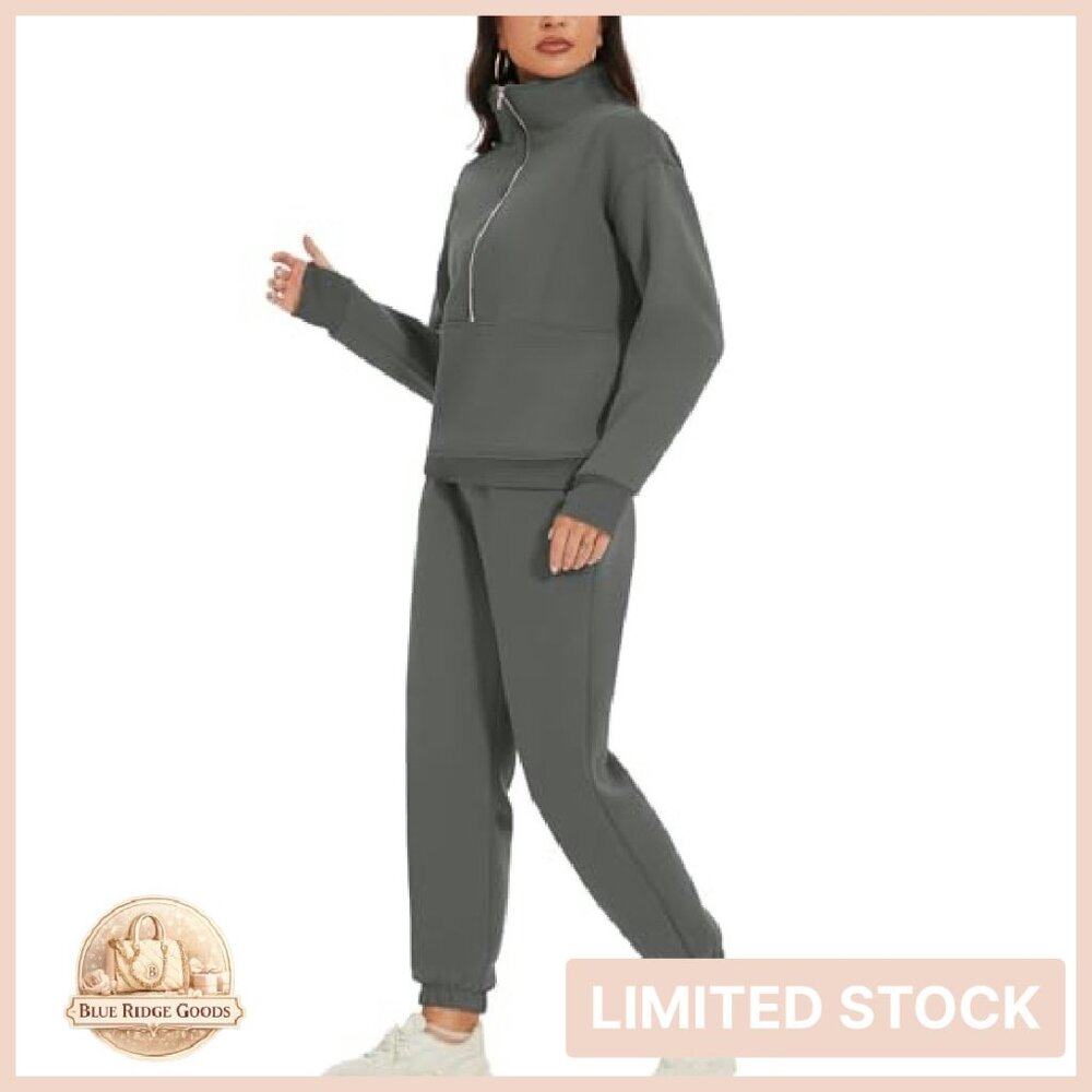 Fleece Half Zip Pullover Lounge Set Oversized Comfy Y2K Chic Sweatsuit - Picture 7 of 8